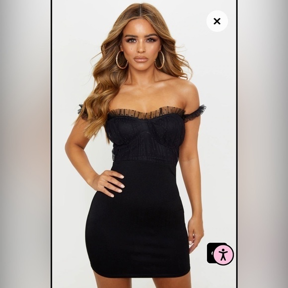 PRETTYLITTLETHING Petite Black Dobby Mini Mesh Dress - Picture 1 of 5